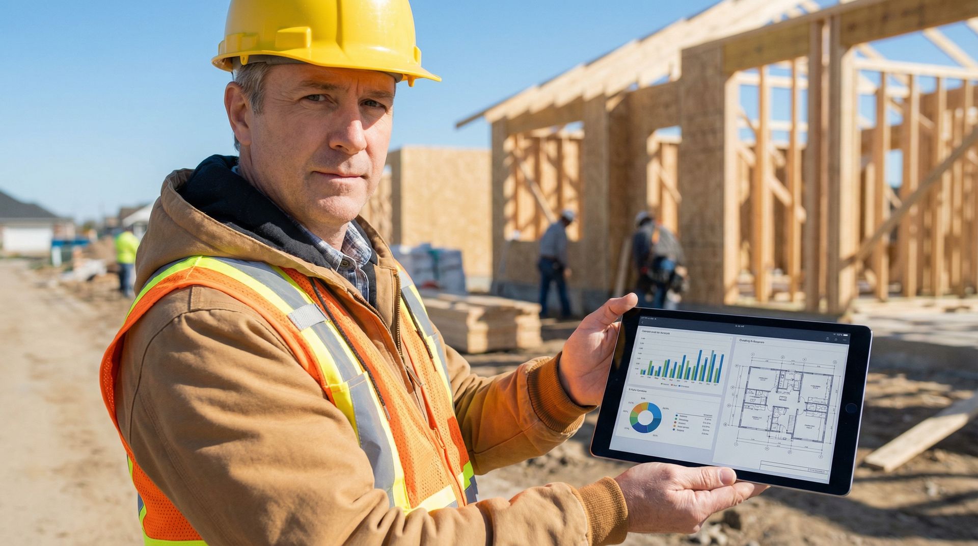 Builder using HIRAM AI dashboard on tablet at construction site