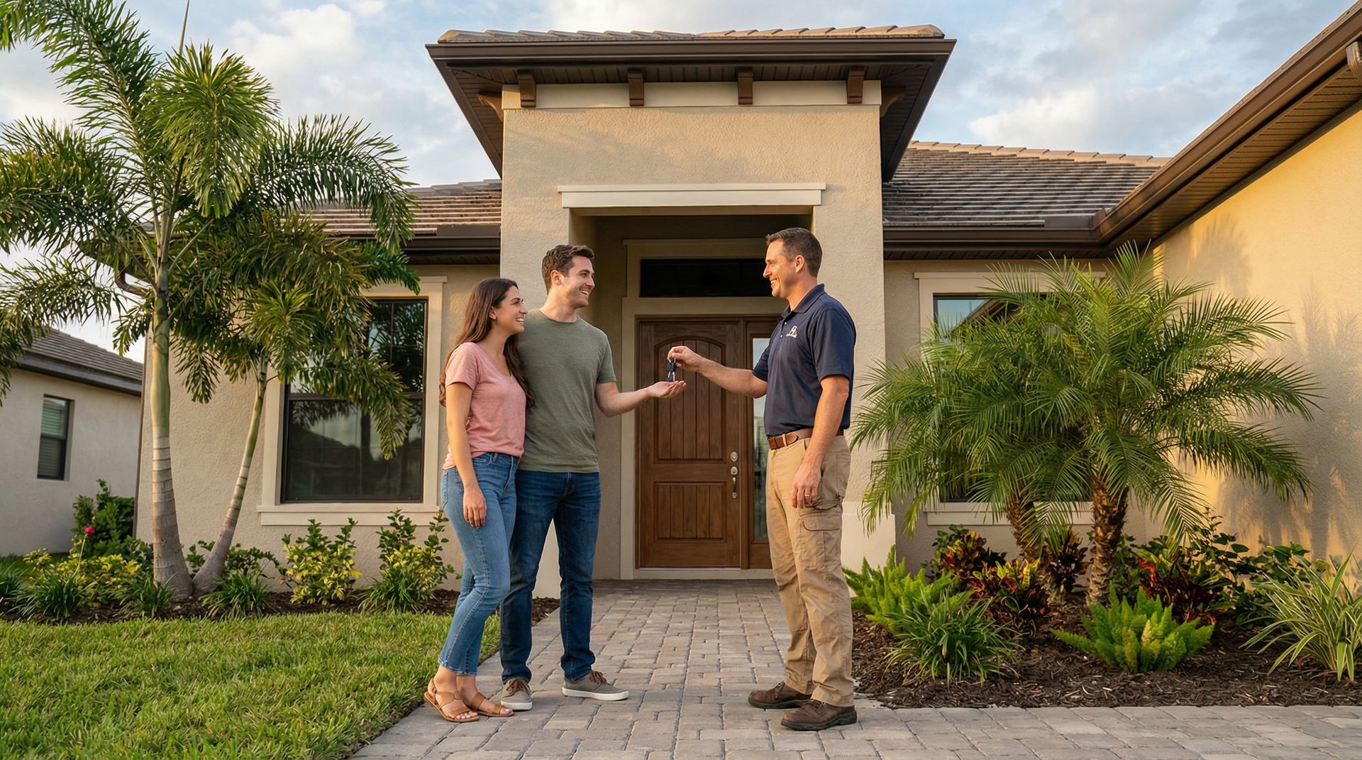 Happy homeowners receiving keys to their new home
